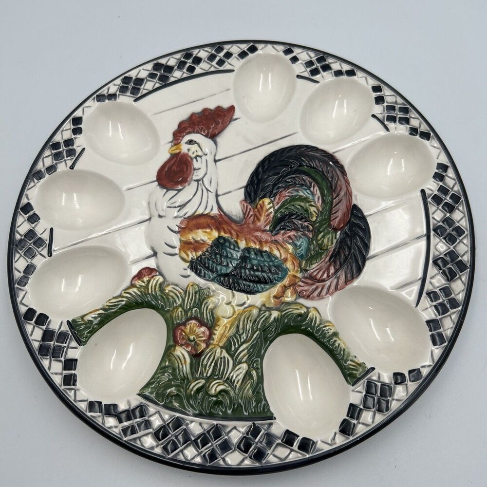 Vintage CBK Hand-Painted Rooster Checkered Border Deviled Egg Serving Plate 11”